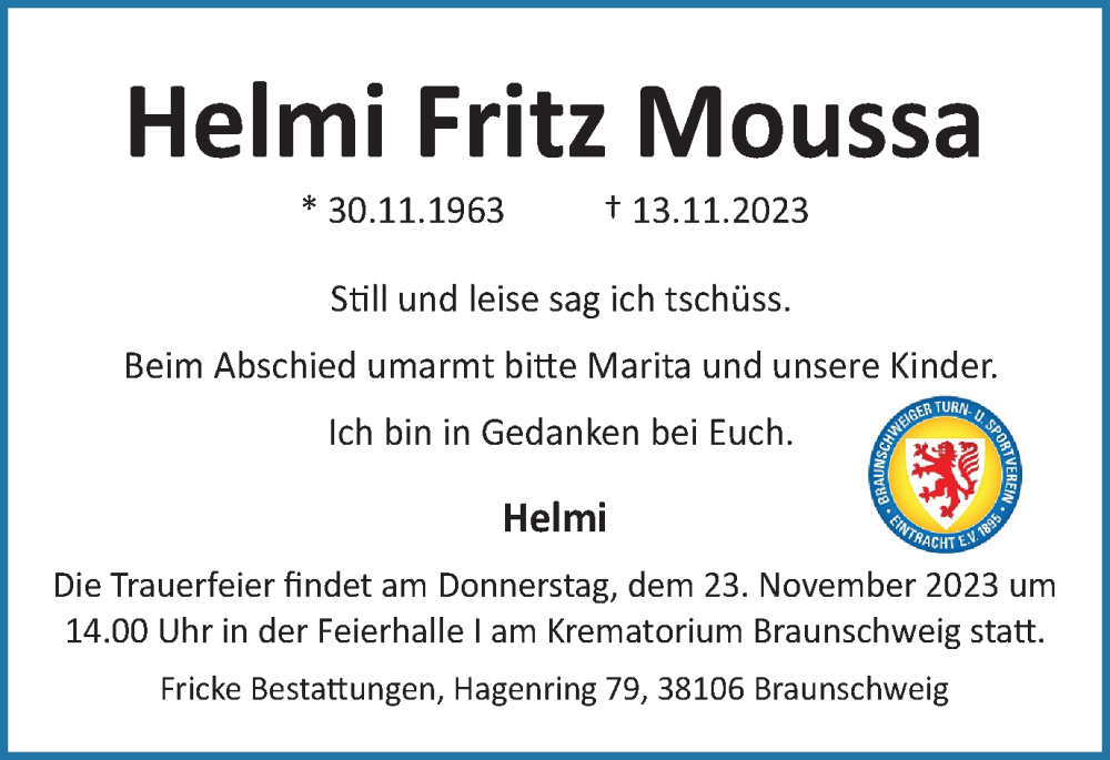  Traueranzeige für Helmi Fritz Moussa vom 18.11.2023 aus Braunschweiger Zeitung