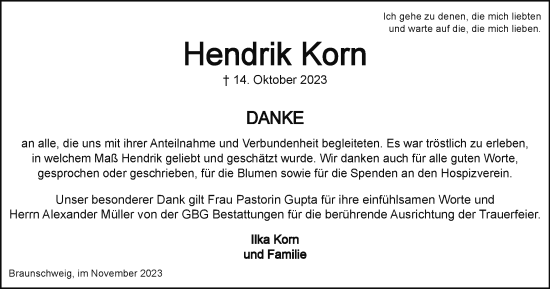 Traueranzeige von Hendrik Korn von Braunschweiger Zeitung