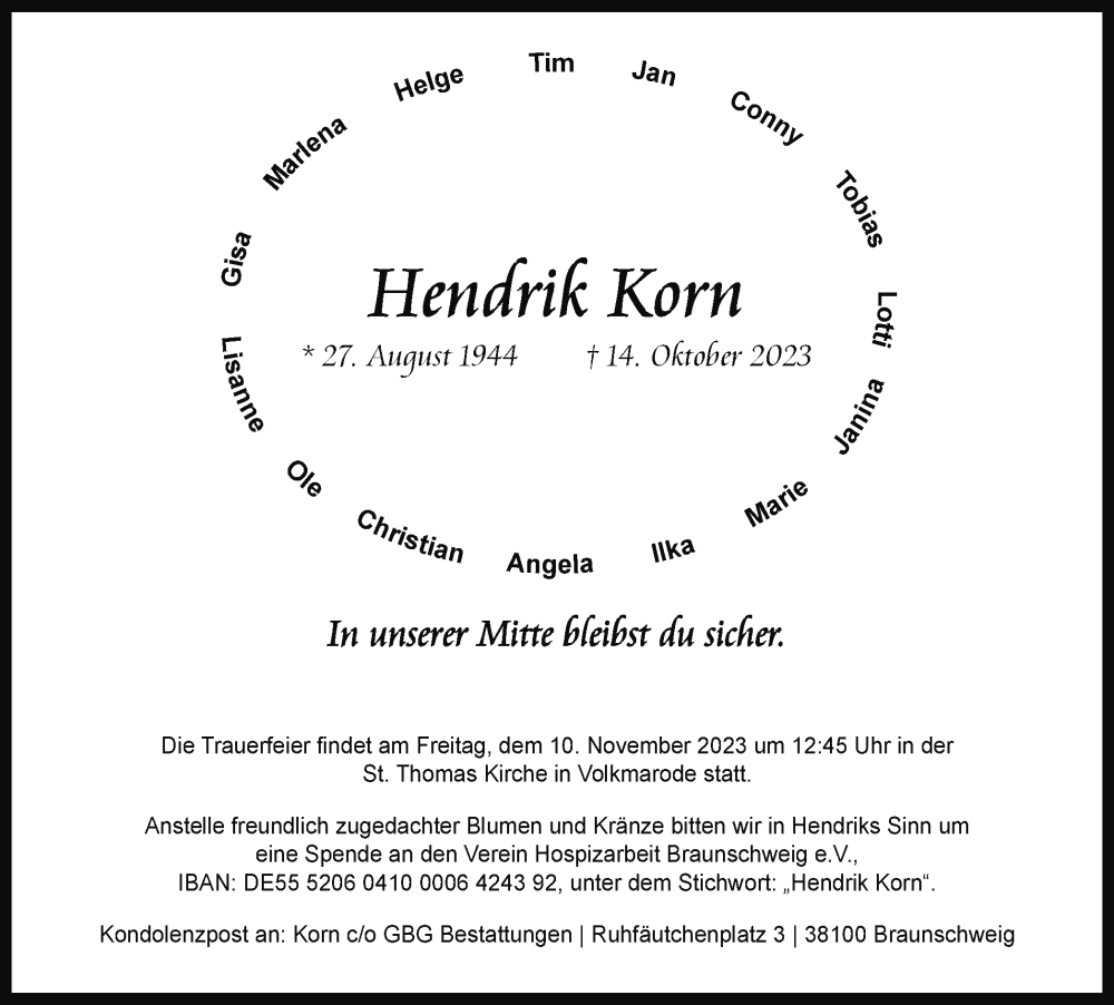  Traueranzeige für Hendrik Korn vom 04.11.2023 aus Braunschweiger Zeitung