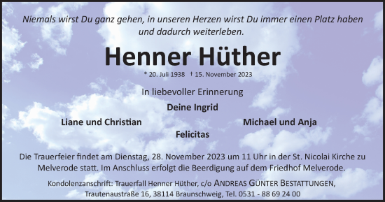 Traueranzeige von Henner Hüther von Braunschweiger Zeitung