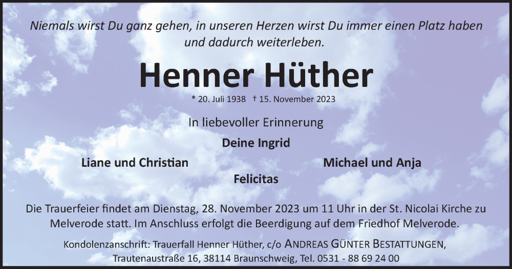  Traueranzeige für Henner Hüther vom 25.11.2023 aus Braunschweiger Zeitung