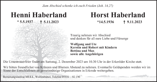 Traueranzeige von Henni und Horst Haberland von Braunschweiger Zeitung