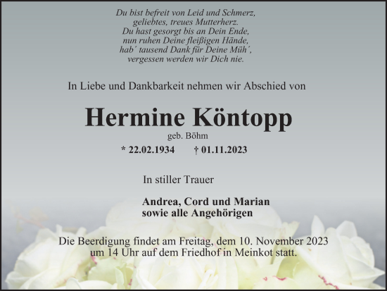 Traueranzeige von Hermine Köntopp von Wolfsburger Nachrichten