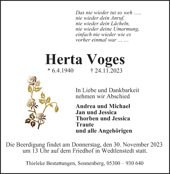 Traueranzeige von Herta Voges von Peiner Nachrichten