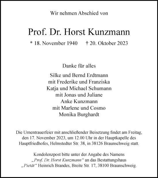 Traueranzeige von Horst Kunzmann von Braunschweiger Zeitung