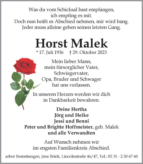Traueranzeige von Horst Malek von Braunschweiger Zeitung
