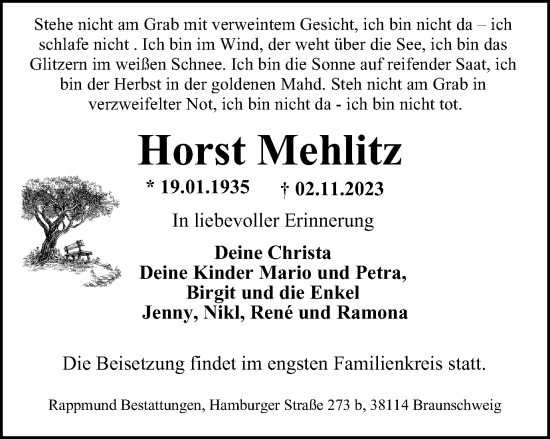 Traueranzeige von Horst Mehlitz von Braunschweiger Zeitung