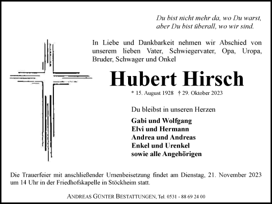 Traueranzeige von Hubert Hirsch von Braunschweiger Zeitung