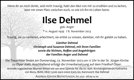 Traueranzeige von Ilse Dehmel von Braunschweiger Zeitung