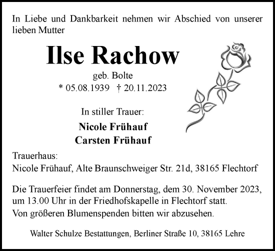 Traueranzeige von Ilse Rachow von Helmstedter Nachrichten
