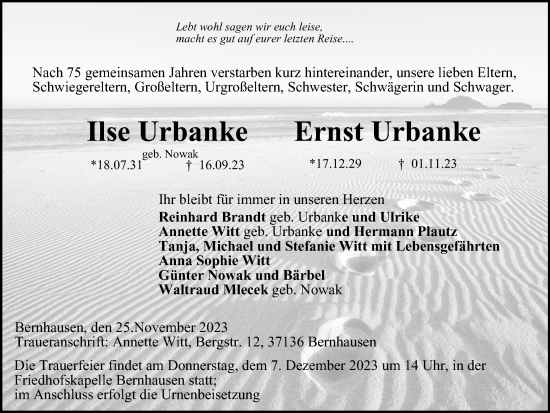 Traueranzeige von Ilse und Ernst Urbanke von Braunschweiger Zeitung