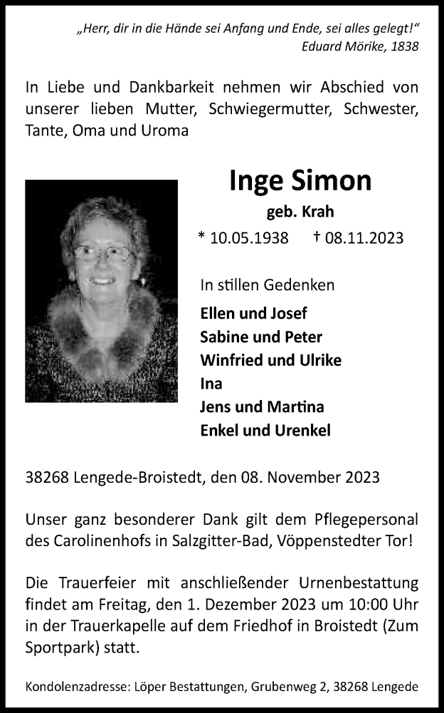  Traueranzeige für Inge Simon vom 25.11.2023 aus Salzgitter-Zeitung