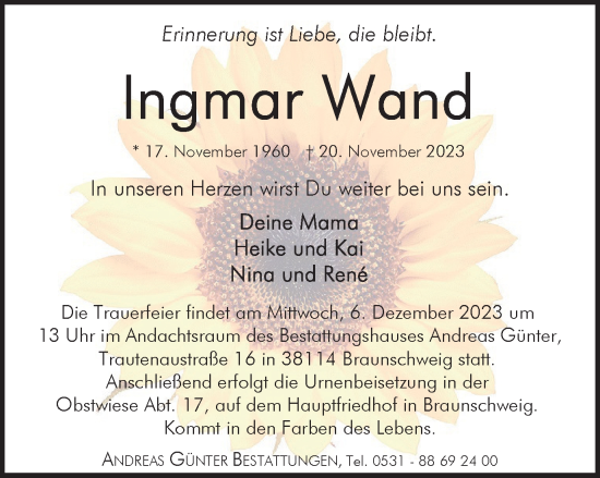 Traueranzeige von Ingmar Wand von Braunschweiger Zeitung