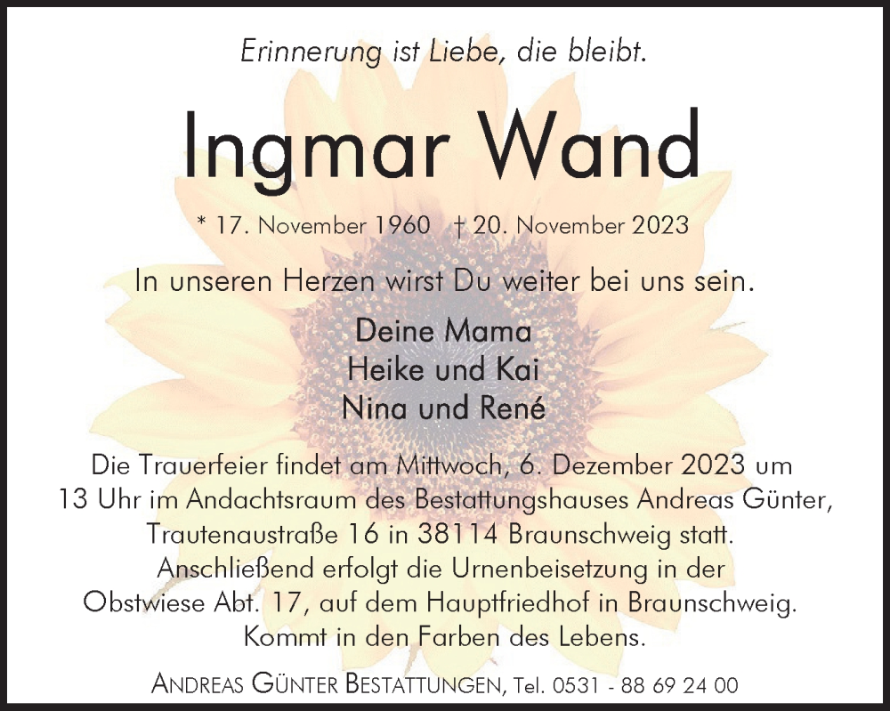  Traueranzeige für Ingmar Wand vom 25.11.2023 aus Braunschweiger Zeitung