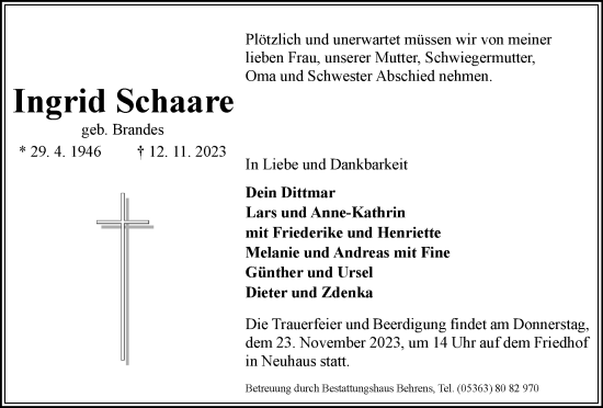 Traueranzeige von Ingrid Schaare von Wolfsburger Nachrichten