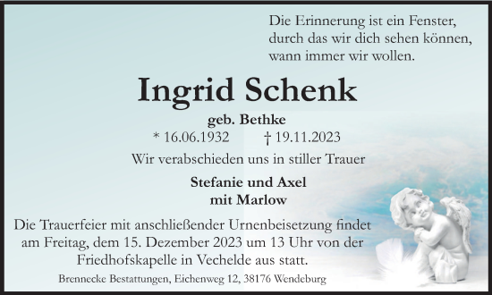 Traueranzeige von Ingrid Schenk von Braunschweiger Zeitung