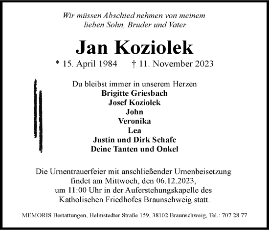 Traueranzeige von Jan Koziolek von Neue Braunschweiger am Samstag