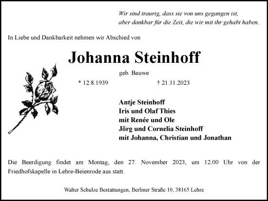 Traueranzeige von Johanna Steinhoff von Helmstedter Nachrichten