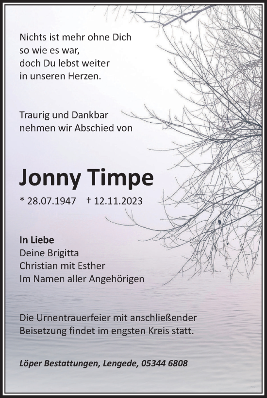 Traueranzeige von Jonny Timpe von Peiner Nachrichten