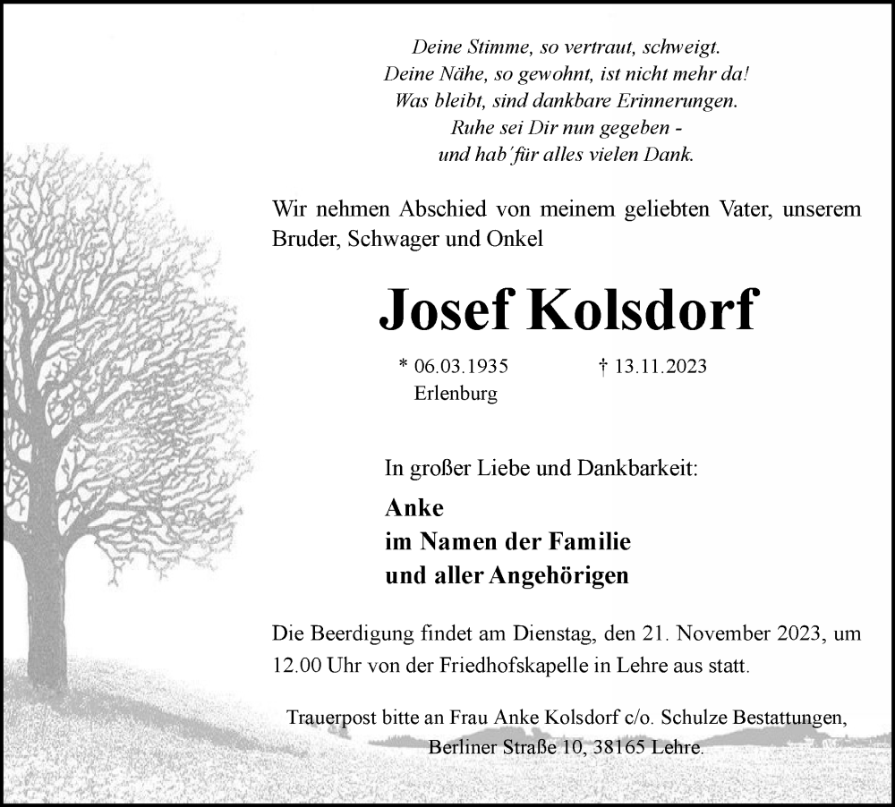  Traueranzeige für Josef Kolsdorf vom 18.11.2023 aus Braunschweiger Zeitung