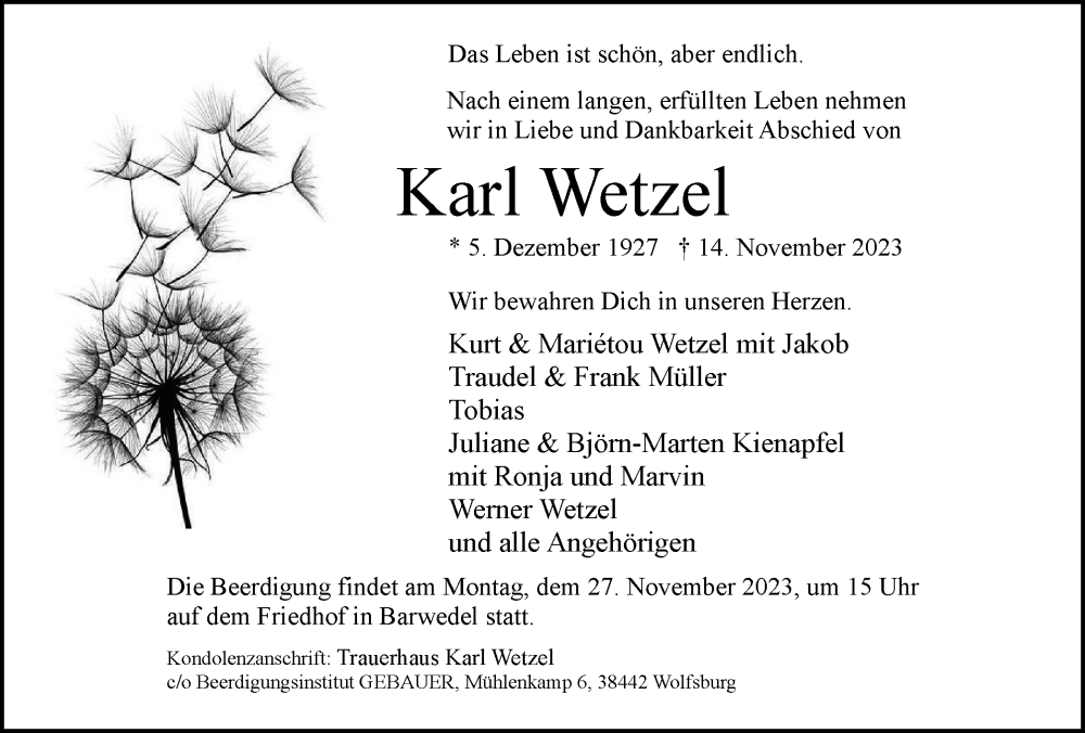  Traueranzeige für Karl Wetzel vom 23.11.2023 aus Wolfsburger Nachrichten