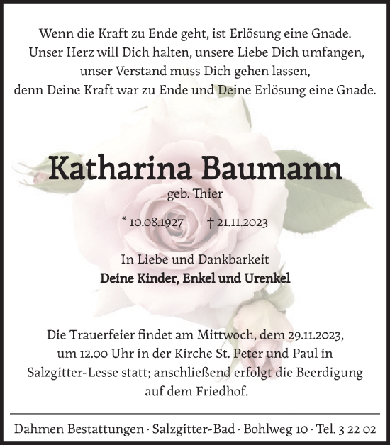 Traueranzeige von Katharina Baumann von Salzgitter-Zeitung