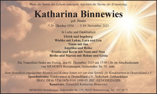 Traueranzeige von Katharina Binnewies von Braunschweiger Zeitung