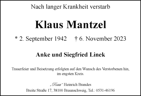 Traueranzeige von Klaus Mantzel von Braunschweiger Zeitung