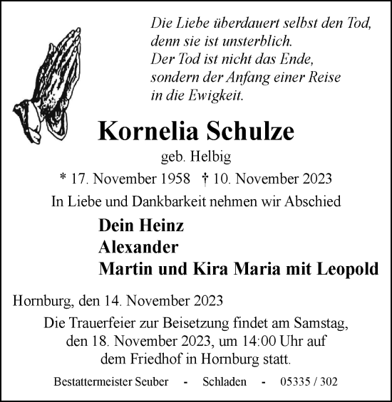 Traueranzeige von Kornelia Schulze von Wolfenbütteler Zeitung