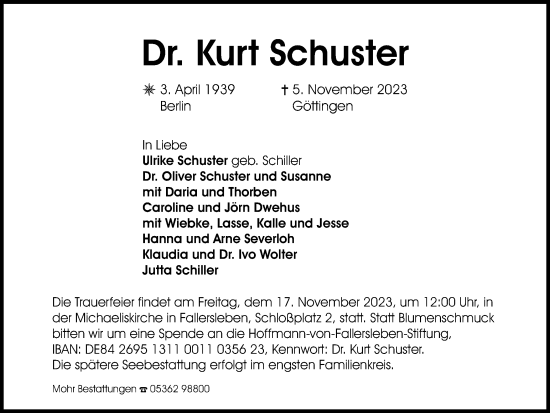 Traueranzeige von Kurt Schuster von Wolfsburger Nachrichten