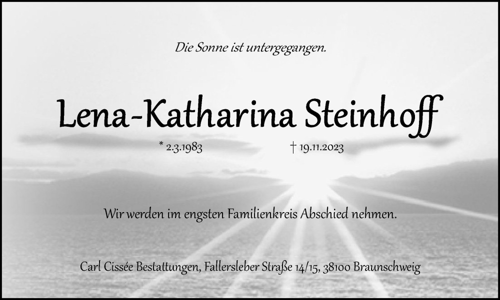  Traueranzeige für Lena-Katharina Steinhoff vom 25.11.2023 aus Salzgitter-Zeitung