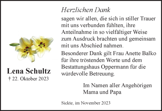 Traueranzeige von Lena Schultz von Wolfenbütteler Zeitung