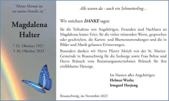 Traueranzeige von Magdalena Halter von Braunschweiger Zeitung