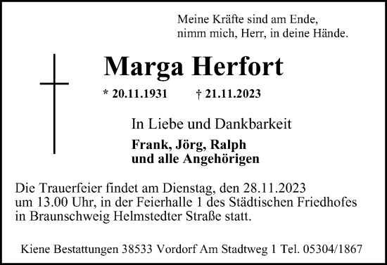 Traueranzeige von Marga Herfort von Braunschweiger Zeitung