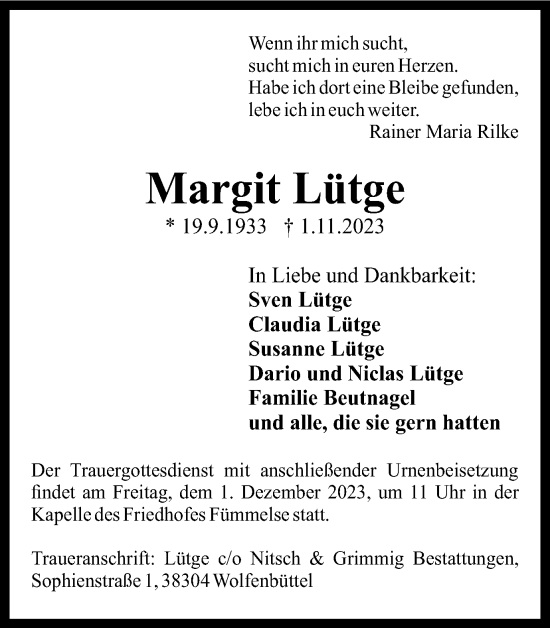 Traueranzeige von Margit Lütge von Wolfenbütteler Zeitung