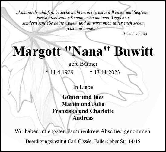 Traueranzeige von Margott Buwitt von Braunschweiger Zeitung