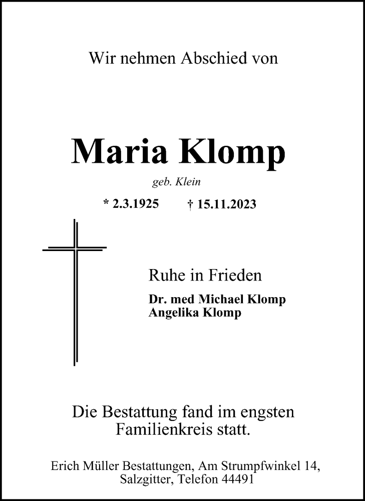  Traueranzeige für Maria Klomp vom 25.11.2023 aus Salzgitter-Zeitung