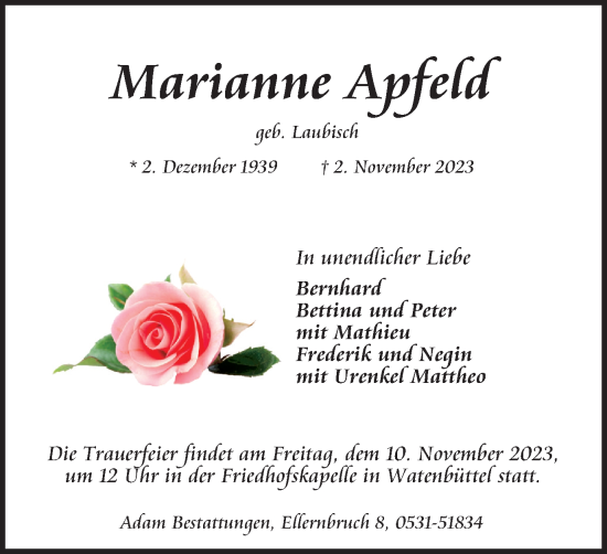 Traueranzeige von Marianne Apfeld von Braunschweiger Zeitung
