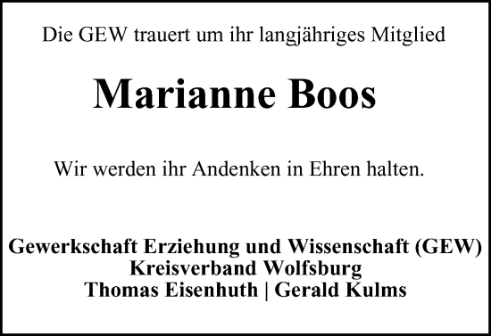 Traueranzeige von Marianne Boos von Wolfsburger Nachrichten