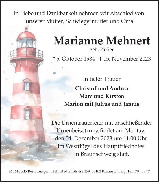 Traueranzeige von Marianne Mehnert von Braunschweiger Zeitung
