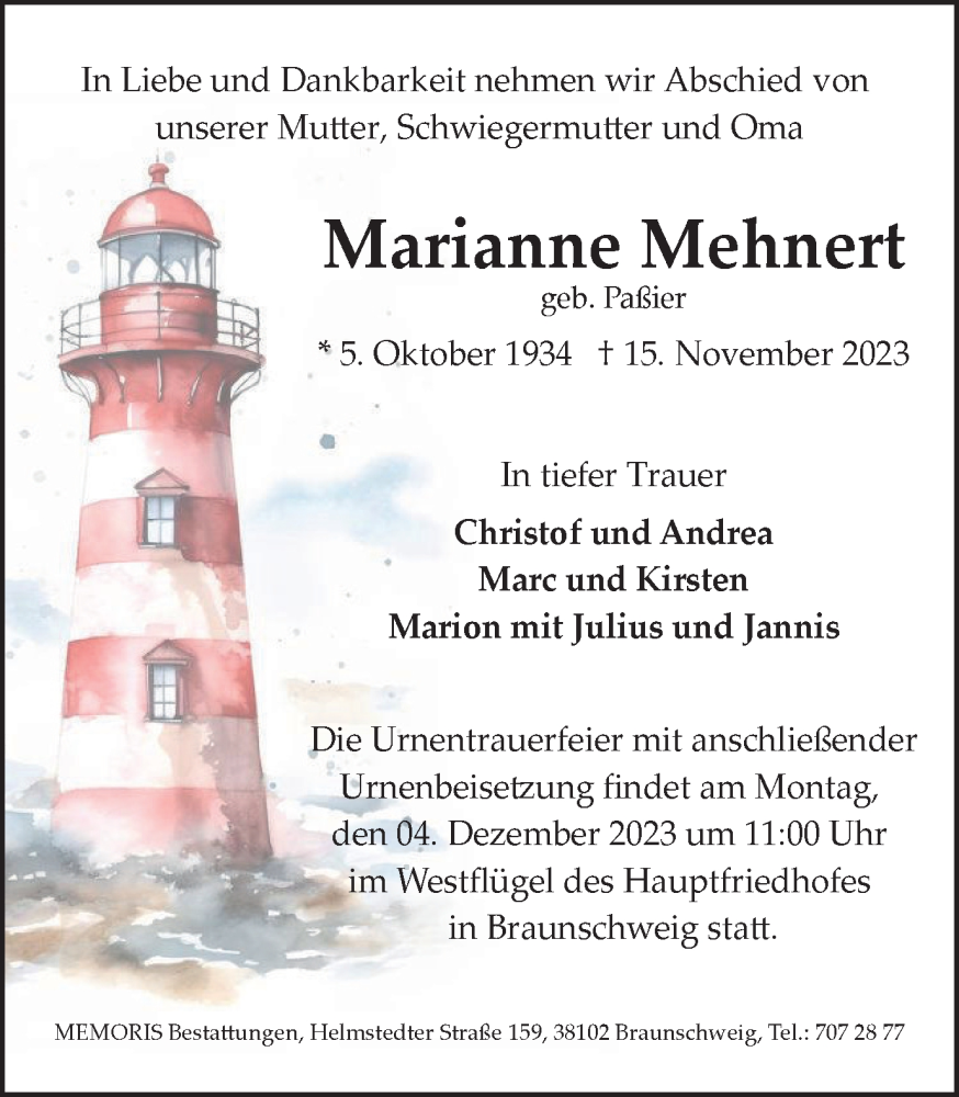  Traueranzeige für Marianne Mehnert vom 29.11.2023 aus Braunschweiger Zeitung