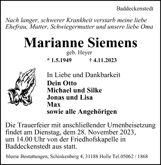 Traueranzeige von Marianne Siemens von Salzgitter-Zeitung