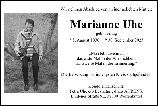 Traueranzeige von Marianne Uhe von Wolfenbütteler Zeitung