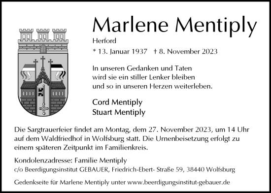 Traueranzeige von Marlene Mentiply von Wolfsburger Nachrichten