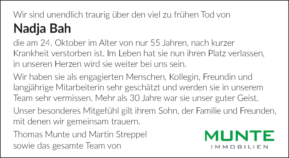  Traueranzeige für Nadja Bah vom 04.11.2023 aus Braunschweiger Zeitung, Salzgitter-Zeitung