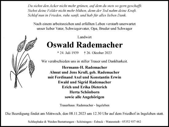 Traueranzeige von Oswald Rademacher von Braunschweiger Zeitung