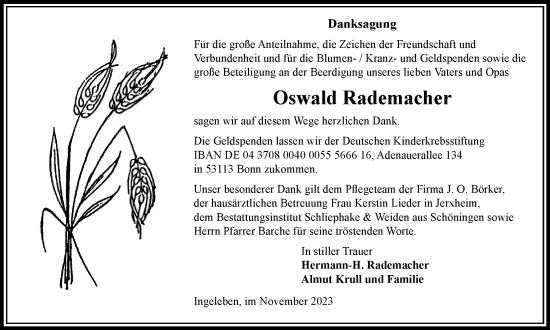 Traueranzeige von Oswald Rademacher von Braunschweiger Zeitung