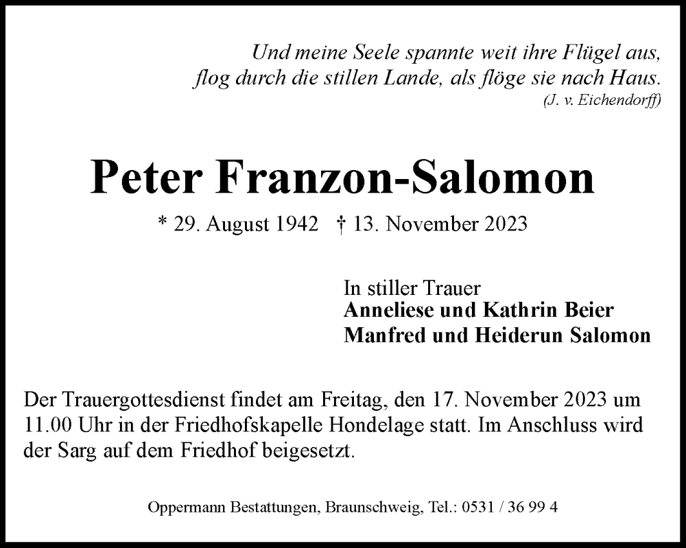  Traueranzeige für Peter Franzon-Salomon vom 15.11.2023 aus Braunschweiger Zeitung