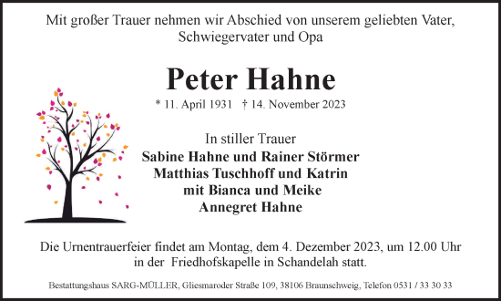 Traueranzeige von Peter Hahne von Braunschweiger Zeitung
