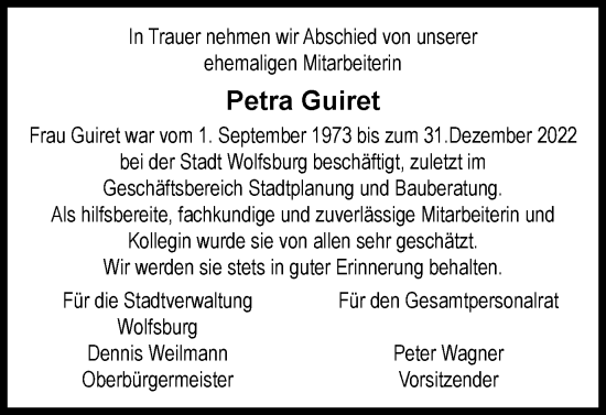 Traueranzeige von Petra Guiret von Wolfsburger Nachrichten
